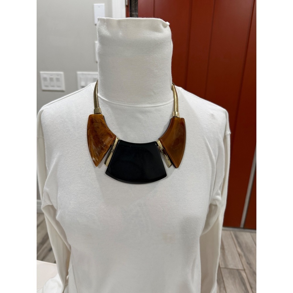Geometric Resin Bib Necklace Gold Tone Snake Chain Amber Black Statement Collar